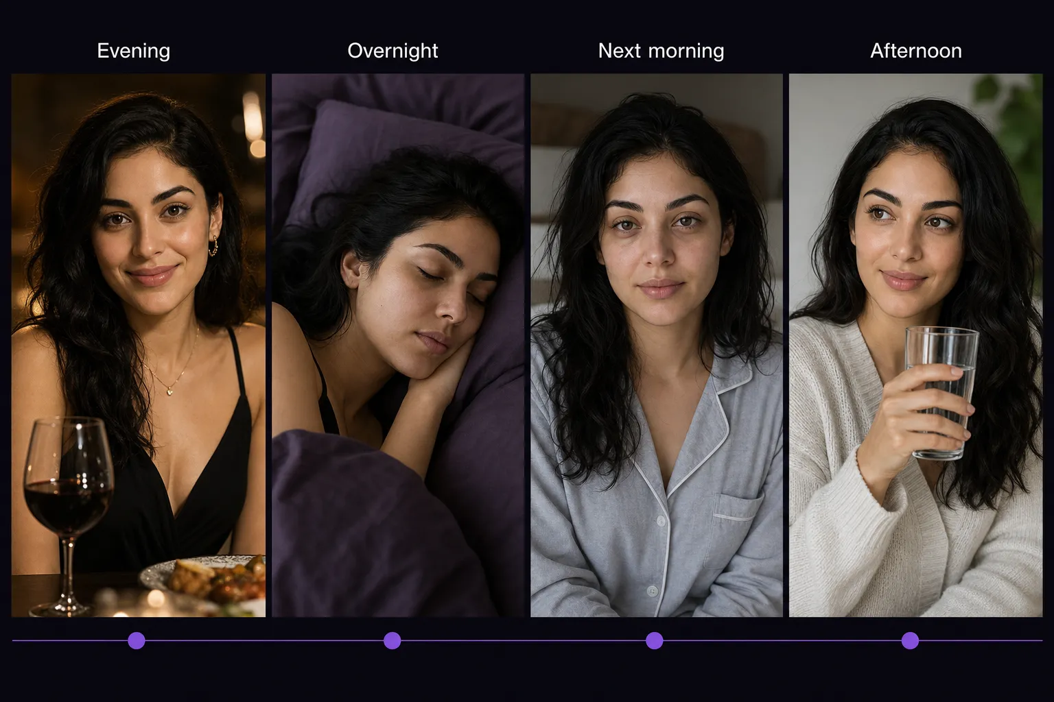 Four photos of the same woman: at dinner with a glass of wine in the evening, asleep overnight, with a mildly puffy face the next morning, and less puffy in the afternoon