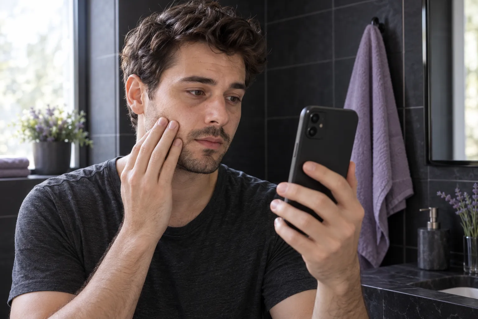 Man checking mild morning face puffiness on a phone in a charcoal bathroom