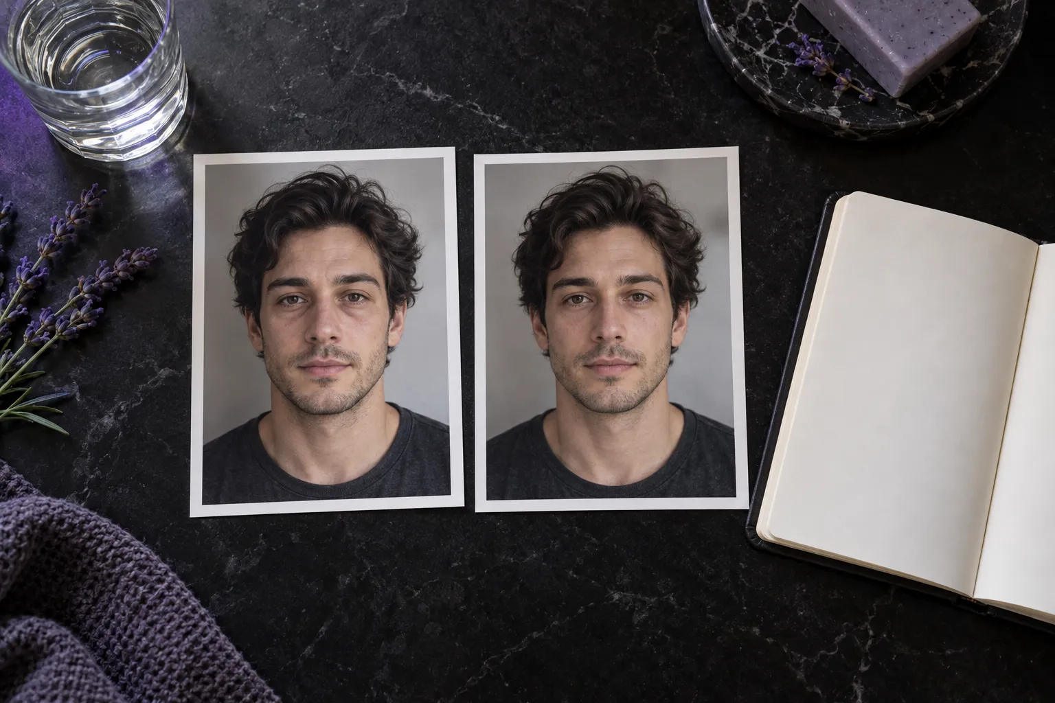 Two matched printed morning face photos on a dark counter with a blank notebook and water glass