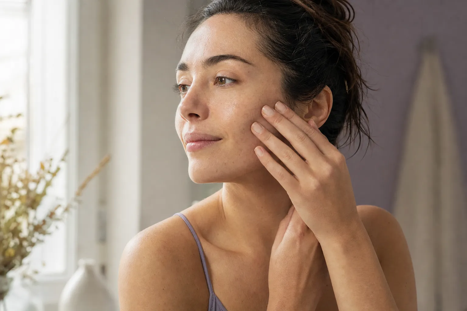 A woman gently sweeping her fingertips from her cheek toward her ear during a lymphatic face massage
