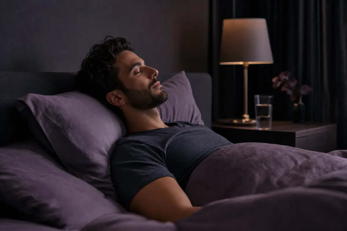 A man asleep on his back with his head slightly raised on two pillows in a dark bedroom